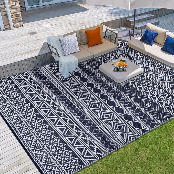 GAOMON Outdoor Rug 9'x12' Waterproof Rug for Patio Decor, Foldable Reversible Plastic Straw Area Rugs Mat for Camper, Outside Carpet for Deck, Porch, Picnic, Beach, Dark Blue/White(Bohemia)