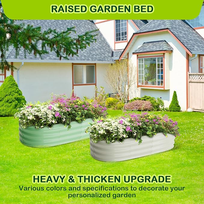2 Pcs 4.5x2x1.5ft Oval Raised Garden Bed,Galvanized Raised Beds,Open-Ended Base Metal Raised Planter Beds,Garden Bed Outdoor,Planter Raised Boxes for Vegetables,Flowers,Tool-Free Asse,White