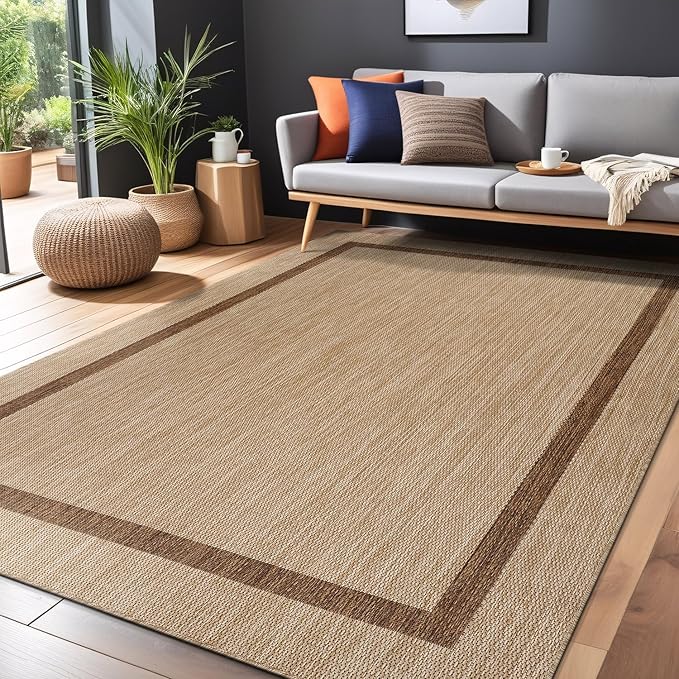 Bordered Outdoor Rug 5x7 Washable Outside Carpet for Indoor Patio Porch Waterproof Easy Cleaning Non Shedding Area Rugs Jute Beige - Nut Brown 5 x 7