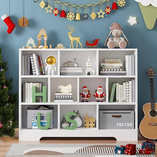 Book Shelf, 10 Cubes Storage Organizer, 3-Tier Open Shelf Wooden Bookcase, Freestanding White Bookshelf Cube Shelf for Bedroom, Living Room, Home Office