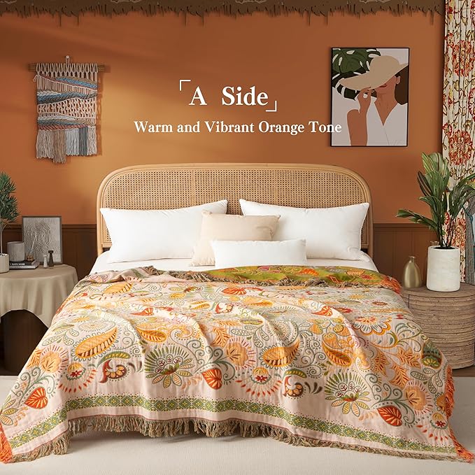 Boho Throw Blanket Queen Size, Oversized Soft Cozy Cotton Muslin Quilt Blanket for Bed Decor, Floral Patterned Couch Sofa Chair Cover, Vintage Farmhouse Cottage Woven Blanket, Coral&Green