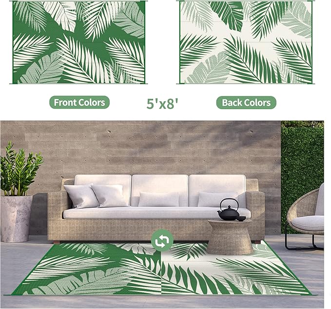 GENIMO Outdoor Rug 5' x 8' Waterproof for Patios Clearance, Reversible Plastic Straw Camping Rug Carpet, Large Area Rugs Mats for RV, Picnic, Backyard, Deck, Balcony, Porch, Dark Green&White