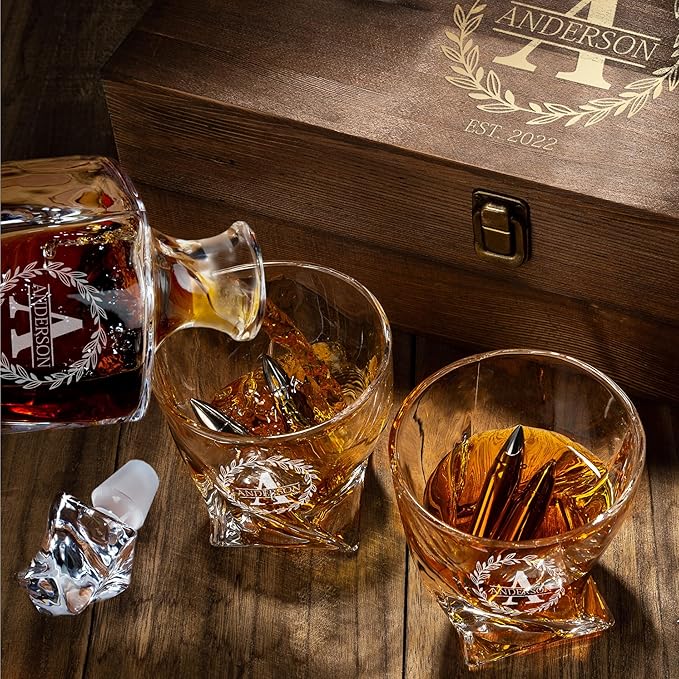 Frolk Personalized Whiskey Decanter and Stones Set - Customized Gift for Him - Men, Dad, Father - Twisted Whiskey Decanter, 2 XL Glasses, 6 XL Whiskey Chillers, 2 Coasters, Tongs, Pouch in Wooden Box