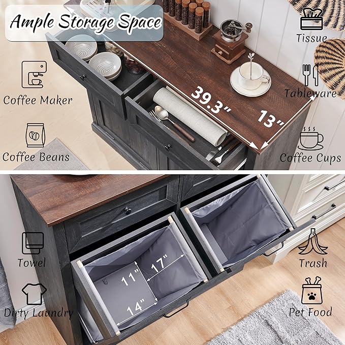 Double Tilt Out Laundry Hamper Cabinet, 20 Gallon Farmhouse Trash Can Cabinet with Drawer, Hidden Wood Garbage Can Bin Cabinet with Laundry Storage Basket for Bathroom, Kitchen, Dark Grey