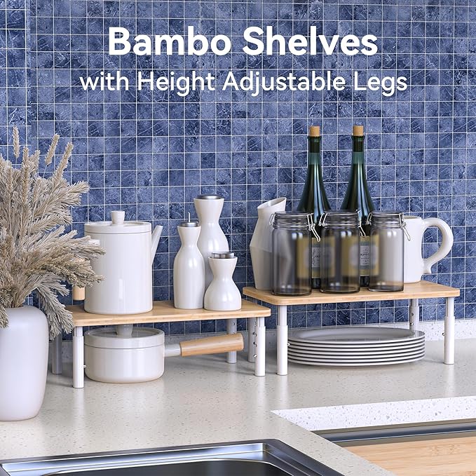 Cabinet Organizer Shelf, Spice Rack Set of 2 Kitchen Pantry Cupboard Shelves, Stackable, Height Adjustable, Natural Bamboo (15.6" W)