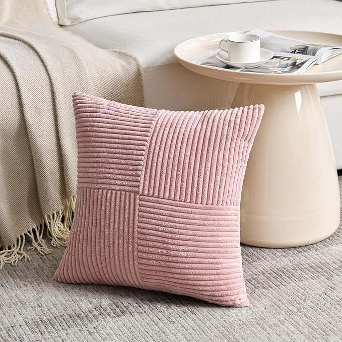 Fancy Homi 2 Packs Blush Pink Samll Decorative Throw Pillow Covers 12x12 Inch with for Couch Bed Sofa, Rustic Farmhouse Boho Home Decor, Soft Corss Patchwork Corduroy Square Cushion Case 30x30 cm