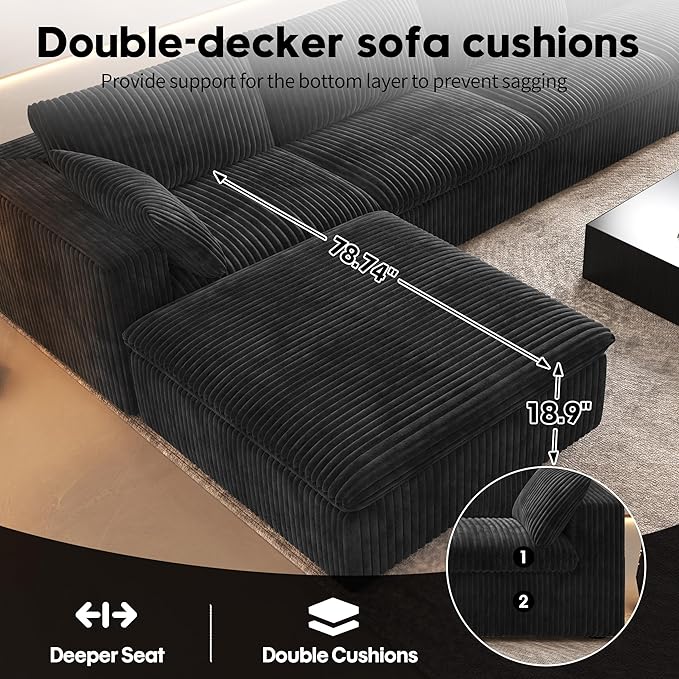 118" U Shaped Modern Sofa Modular Sectional Cloud Couch with 2 Ottoman,Upholstered Couches with Plush Corduroy Fabric for Living Room Furniture,Bedroom and Apartment,No Assembly Required,Black