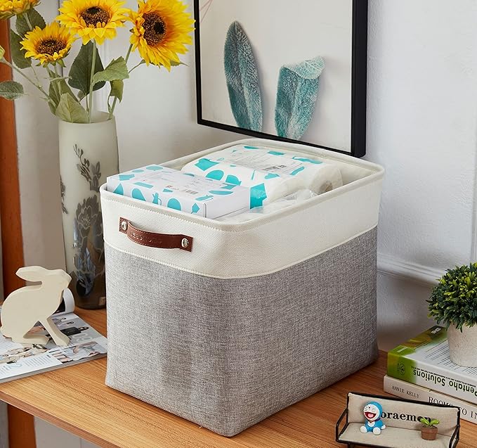 DECOMOMO Storage Baskets | Large Storage Bins 54.5L Fabric Baskets for Organizing Laundry Nursery Toys Cloth Linen Closet Organizers with Handles (Grey and White, XXXL - Jumbo/3P - 17" x 13" x 15")