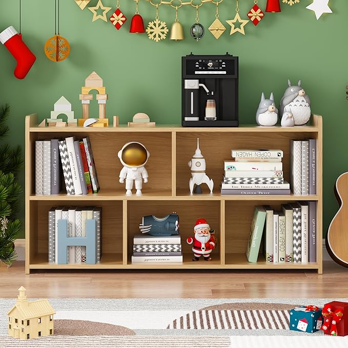 Book Shelf Set of 2, 5 Cubes Storage Organizer, Open Shelf Wooden Bookcase, Freestanding Log Bookshelf Cube Shelf for Bedroom, Living Room, Home Office