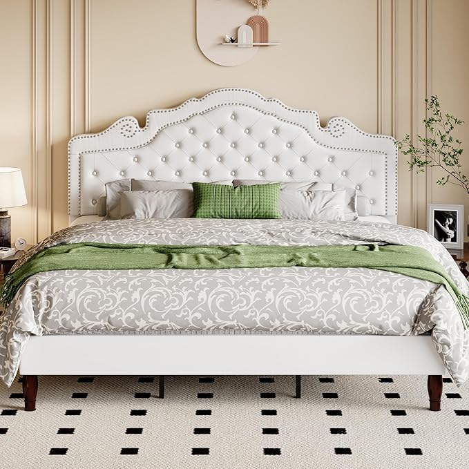 Allewie King Bed Frame with Adjustable Velvet Tiara Headboard, Upholstered Diamond Button Tufted Platform Bed, Wood Slats Support, No Box Spring Needed, Mattress Foundation, Easy Assembly, White
