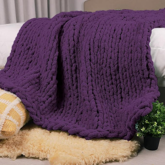 Carriediosa Chunky Knit Throw Blanket 60" X 80" Twin, 100% Hand Made Large Chenille Loop Yarn Soft Fluffy Throws for Couch Sofa Bed, Big Crochet Cozy Heavy Thick Cable Woven Blanket, Dark Purple