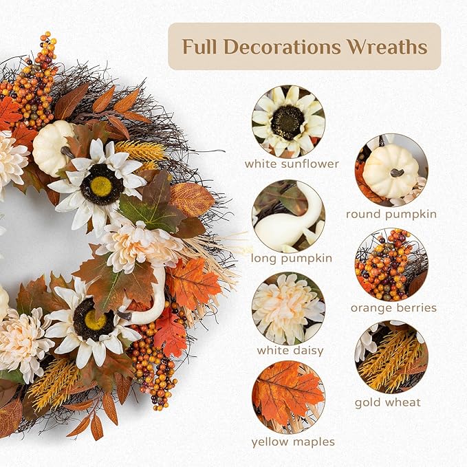 Fall Wreaths for Front Door Decor - Walasis 20 Inch Thanksgiving Wreath with Maple Leaves White Pumpkin Daisy Sunflower Wreath Autumn Harvest Decorations for Table Front Porch