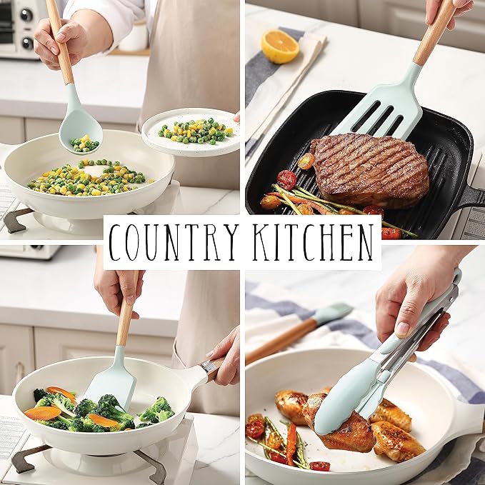 Country Kitchen Non Stick Silicone Utensil Set with Rounded Wood Handles for Cooking and Baking, 14 Piece Set, Mint
