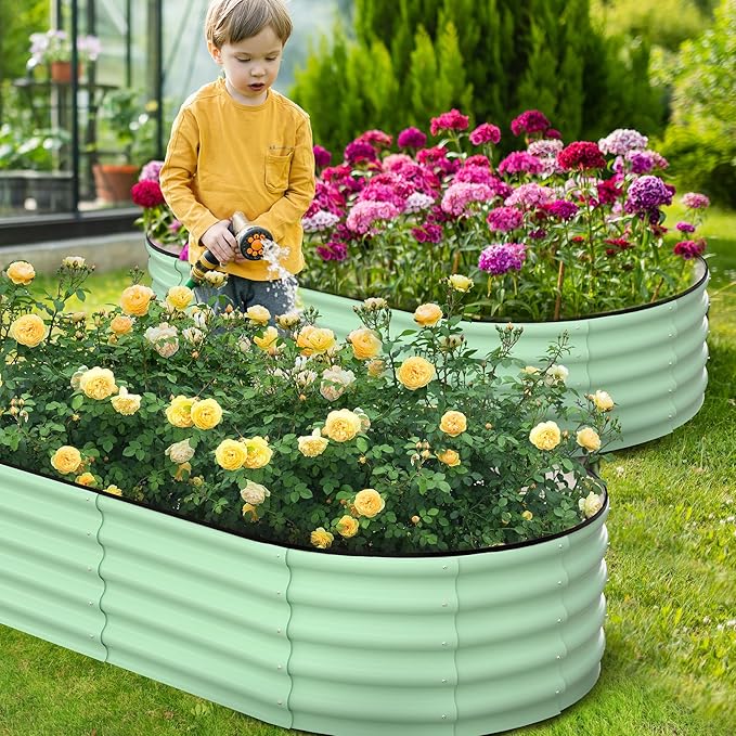 2 Pcs 6x3x1.5ft Oval Raised Garden Bed, Galvanized Raised Beds,Open-Ended Base Metal Raised Planter Beds,Garden Bed Outdoor,Planter Raised Boxes for Vegetables, Flowers,Tool-Free Asse,Green