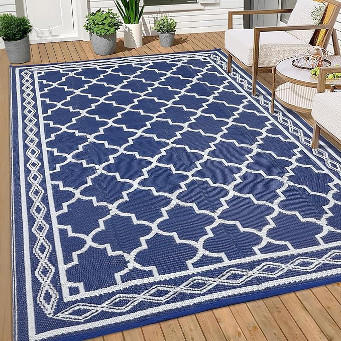 GAOMON Outdoor Rug 9'x12' Waterproof Rug for Patio Decor, Foldable Reversible Plastic Straw Area Rugs Mat for Camper, Outside Carpet for Deck, Porch, Picnic, Beach, Navy/White(Geometric)
