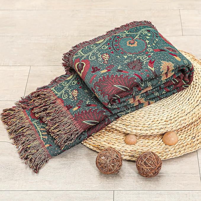 Boho Fall Throw Blanket for Bed，100% Ultra Cotton Soft Breathable Bed Throw Floral Printed Farmhouse Decor Rustic Bed Throws for Couch Sofa Quilt 80" x 90"