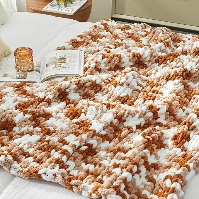 Amélie Home Chunky Knit Throw Blanket for Couch, Soft Chenille Crochet Blanket for Sofa, 50"x60", Space-Dyed Burnt Orange
