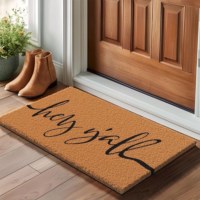 Barnyard Designs Natural Coco Coir Heavy Duty Backing Doormat - Large Cute Non-Slip Front Door Welcome Mat for Outside Entrance or Porch Entry, Brown (17x 30, Y'all)
