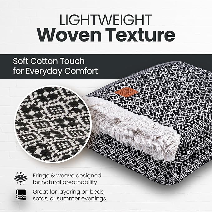 Gold Case Throw Blanket for Bed – 100% Recycled Turkish Cotton Bed Blanket – Decorative Throw Cotton Blankets for Living Room & Bedroom – Retro Black Woven Queen Blankets – 90x90