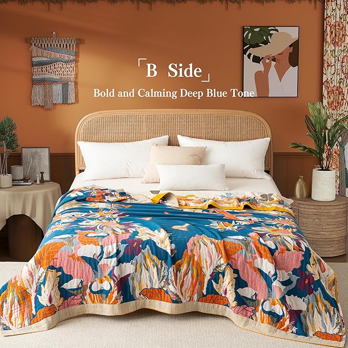 Boho Throw Blanket Queen Size, Oversized Soft Cozy Cotton Muslin Quilt Blanket for Bed Decor, Floral Patterned Couch Sofa Chair Cover, Vintage Farmhouse Cottage Woven Blanket, Yellow&Blue