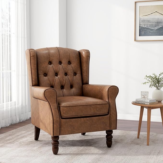 Accent Chair, Upholstered Armchair with Button Tufted High Back & Solid Wood Legs, Comfy Wingback Reading Single Sofa Chair for Small Spaces, Living Room, Bedroom (Leather Brown, Set of 2)