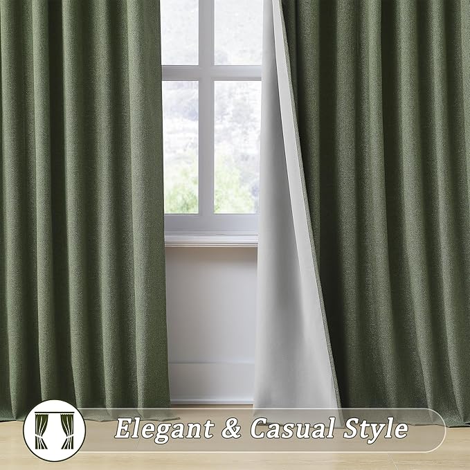 102 Inch Long Linen Blended Blackout Curtains 2 Panels, Back Tab Pleated Look Drapes for Track System with Hooks, Noise Reducing Country Blackout Winodw Curtains 50x102-Loden/Olive Green