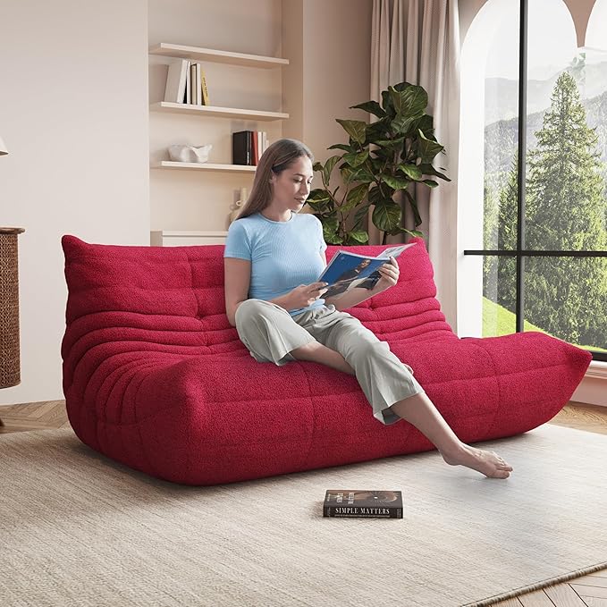 Bean Bag Chair, Oversized Bean Bag Chair for Living Room, Fireside Chair for Adults with Memory Foam Filled, Big Accent Lounge Floor Sofa for Reading, Relax, No Assembly Required. (Burgundy 3-Seater)