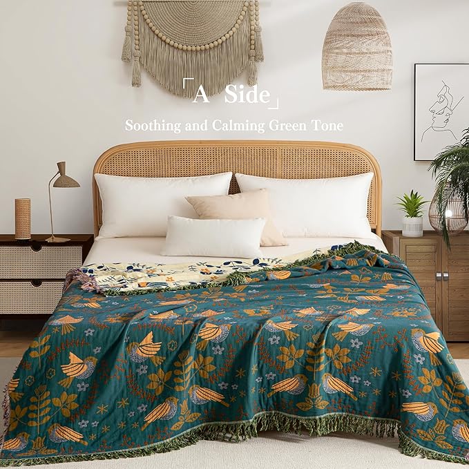 Boho Throw Blanket Full Size, Extra Large Soft Cozy Cotton Muslin Quilt Blanket for Bed Decor, Bird Patterned Couch Sofa Chair Cover, Vintage Farmhouse Cottage Woven Blanket, Green&Beige