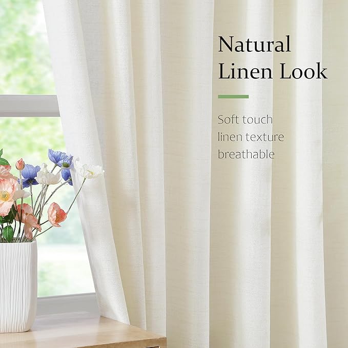 FMFUNCTEX Pinch Pleated Curtain 96 Inches Long for Living Room, Ivory Semi Sheer Faux Linen Textured Pleat Drapes for Bedroom with Hooks, Light Filtering Farmhouse Window Drapes 2 Panels