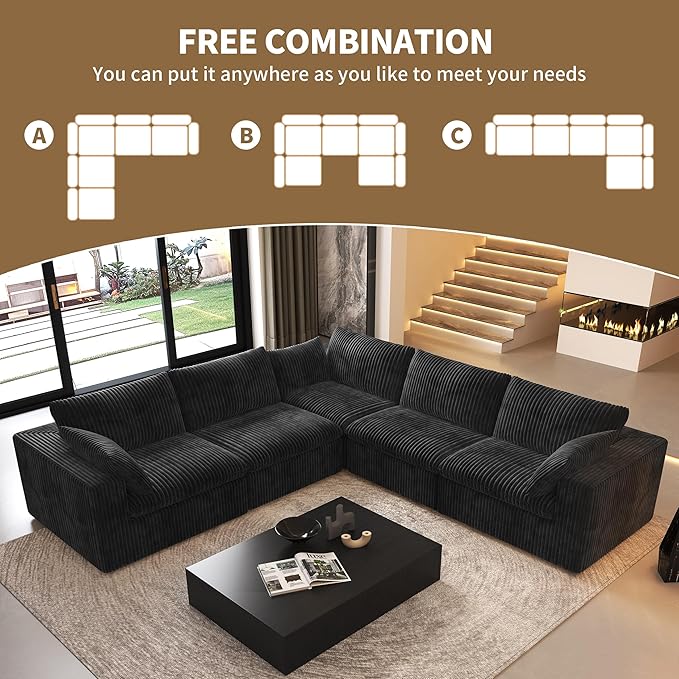 118" V Shaped Corner Modern Sofa Modular Sectional Cloud Couch,Deep Seat Upholstered Couches with Plush Corduroy Fabric for Living Room Furniture,Bedroom and Apartment,No Assembly Required,Black