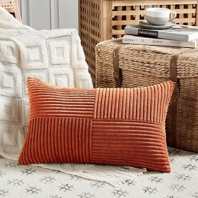 Fancy Homi Set of 2 Burnt Orange Lumbar Decorative Throw Pillow Covers 12x20 Inch for Living Room Couch Bed, Boho Farmhouse Fall Home Decor, Soft Corduroy Corss Patchwork Cushion Case 30x50 cm