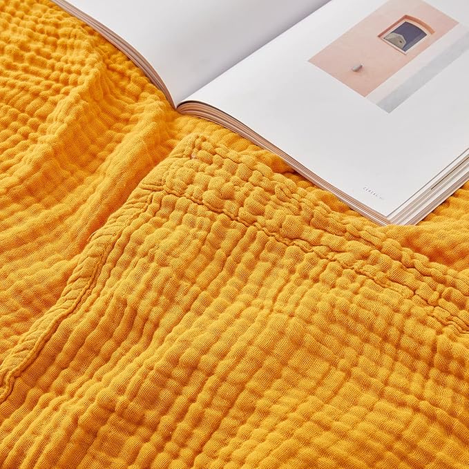 EMME Cotton Blanket Queen Size for Bed Soft Large Muslin Bed Blankets 90"x90" Lightweight Breathable All Season Gauze Blanket, Mustard Yellow