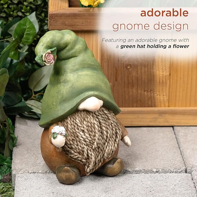 Alpine Corporation QWR1442 Outdoor Gnome with Green Hat Holding a Flower for Garden, Patio, and Lawn, 10" H, Multicolor