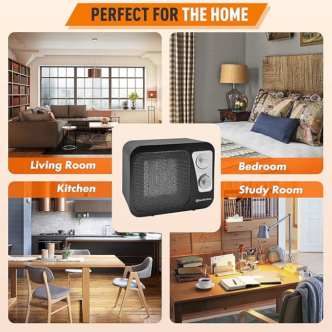 Comfort Zone Space Heaters for Indoor Use, Portable Heater, Fast Heating, Electric Heater, Thermostat, Retro Design, Bedroom Heater with Overheat Protection, Safety Tip-Over Switch 1,500W, Black