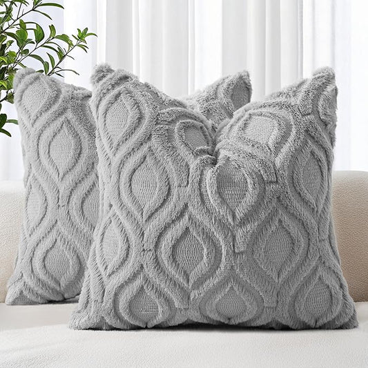 decorUhome Fall Throw Pillow Covers 22x22 Inch Set of 2, Soft Plush Decorative Faux Fur Grey Solid Couch Pillow Covers, Accent Farmhouse Neutral Square Euro Pillow Cases for Sofa Bed Living Room