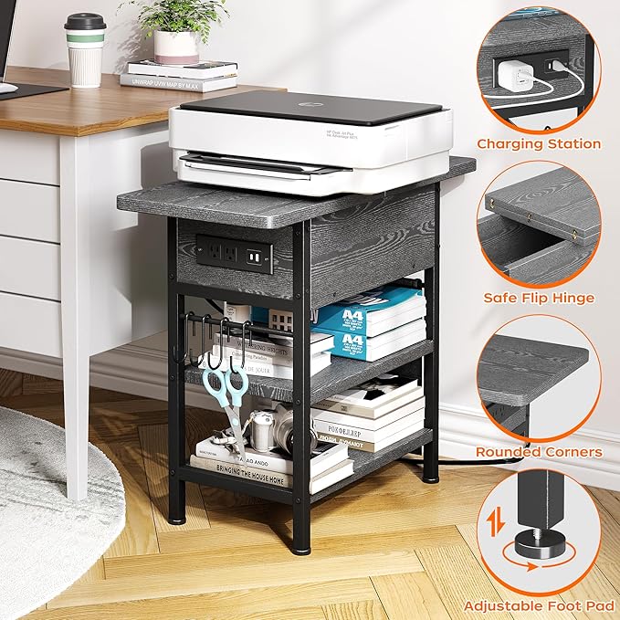 End Table with Charging Station, Flip Top Nightstand with USB Ports and Outlets,Couch Side Table with Fabric Bag and Hooks, Bedside Table for Space Saving, Living Room, Bedroom (Grey)