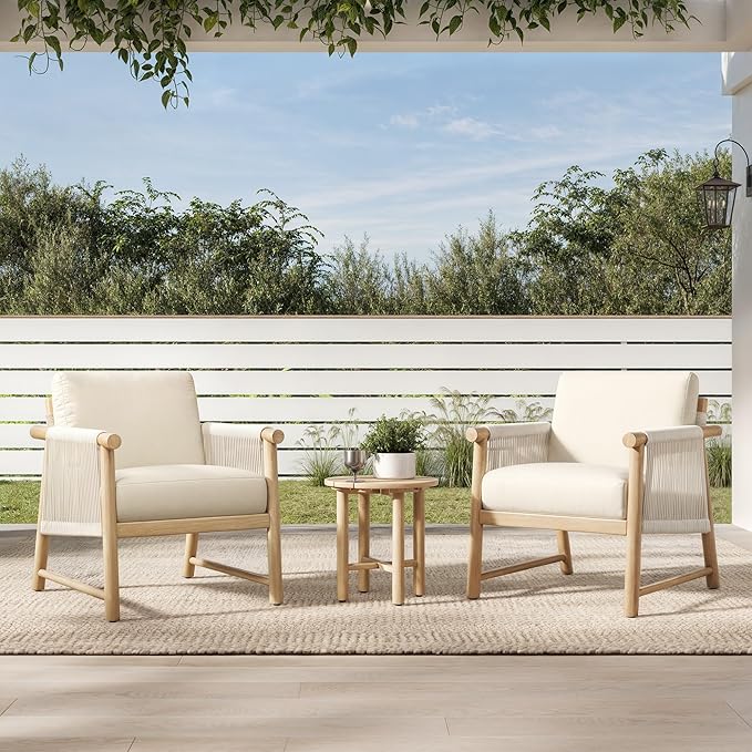 CHITA Boho Patio Rattan Chair Set of 2, Outdoor Wicker Chair with 7.1″ Thickened Cushions Acacia Wood Frame(Cream)