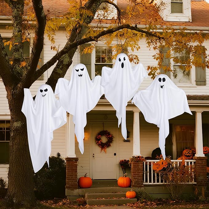 4 Pack Halloween Hanging Ghost Decorations, 27.5" Light Up Spooky Floating Ghosts with LED Glow, Waterproof Outdoor & Indoor Haunted House, Porch, Yard, Garden Party Decor