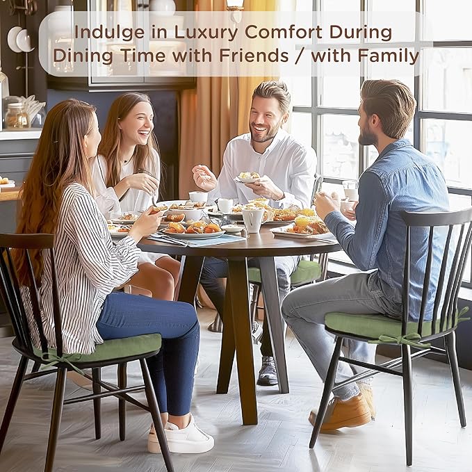 Codi 6 Pack Dining Chair Cushions, Thick Chairs Pads for Indoor Kitchen Room - Washable, Non-Slip Seat Cushion with Ties, 16.5"x16.5"x 3.5", Set of 6, Sage