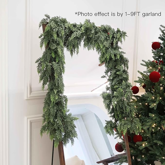 2Pcs 9FT Christmas Cedar Garland Artificial Real Touch Thickness Realistic Greenery Pine Garland for Mantle Fireplace Outdoor Indoor Christmas Decorations