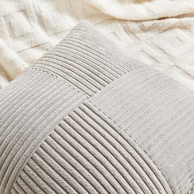 Fancy Homi 2 Packs Neutral Grey Big Decorative Throw Pillow Covers 24x24 Inch for Living Room Couch Bed, Rustic Farmhouse Boho Home Decor, Soft Corss Corduroy Patchwork Accent Square Cushion Case 60cm