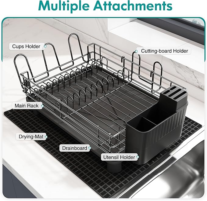 Black Stainless Steel Dish Drainers Drying Rack for Kitchen Counter with Drainboard Set, Rust Proof Metal, Space Saving, Modern Aesthetic, Compact Plates Strainers with Extra Mat