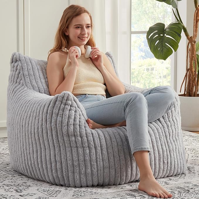 Giant Bean Bag Chairs for Adults with Filling Plush Fluffy Bean Bag Chairs for Teens with Armrests Comfy BeanBag Lazy Couch Sofa Chair for Bedroom Living Room Reading