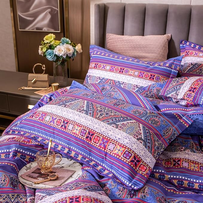 ABREEZE Bohemian Vintage Cal.King Size Floral Cotton Bedding Set 3Pcs Duvet Cover Set Boho Purple Paisley 100% Egyptian Brushed Cotton Reversible Home Bedding Collection