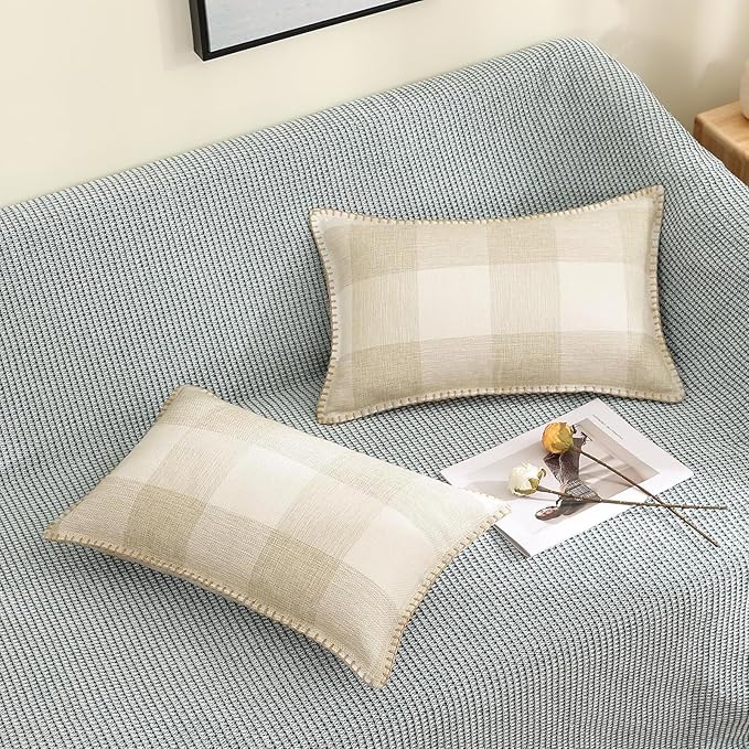 decorUhome Buffalo Plaid Check Fall Throw Pillow Covers 12x20 Set of 2, Outdoor Lumbar Decorative Farmhouse Pillow Covers with Stitched Edge for Bed Couch Sofa, Cream White and Beige