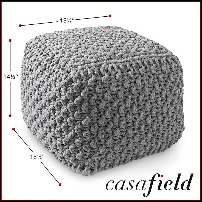 Casafield Square Pouf Ottoman, Light Gray 18.5" W x 18.5" D x 14.5" H Cotton Knit Foot Stool - Boho Floor Pouffe for Living Room, Bedroom, Home Office
