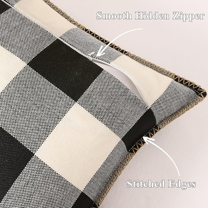 decorUhome Buffalo Plaid Check Throw Pillow Covers 20x20 Set of 2, Outdoor Decorative Farmhouse Neutral Pillow Covers with Stitched Edge for Bed Couch Sofa, Black and White