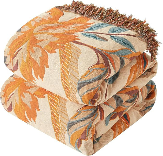 Boho Throw Blanket for Couch Sofa Bed, 100% Cotton Woven Quilt with Tassel 90”x98”, Super Soft Muslin Blanket with Floral Printed, Decorative Reversible Bed Blanket/Cover for All Seasons