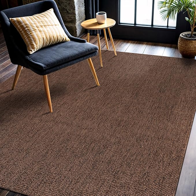 CAMILSON Easy Jute Rug 5x7, Indoor Outdoor Brown Color Fiber Area Rugs for Living Room Patio and Kitchen Rug, Solid Boho Woven Design, Easy-Cleaning, Washable Outside Carpet Alfombras (5 x 7)