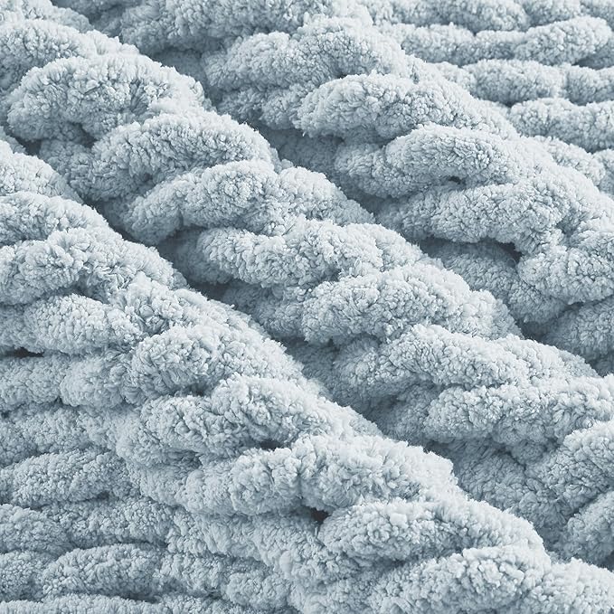 Carriediosa Chunky Knit Throw Blanket 60" X 80" Twin, 100% Hand Made Large Chenille Loop Yarn Soft Fluffy Throws for Couch Sofa Bed, Big Crochet Cozy Heavy Thick Cable Woven Blanket, Light Blue
